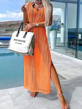 Orange Openwork Slit Cutout Wide Strap Dress